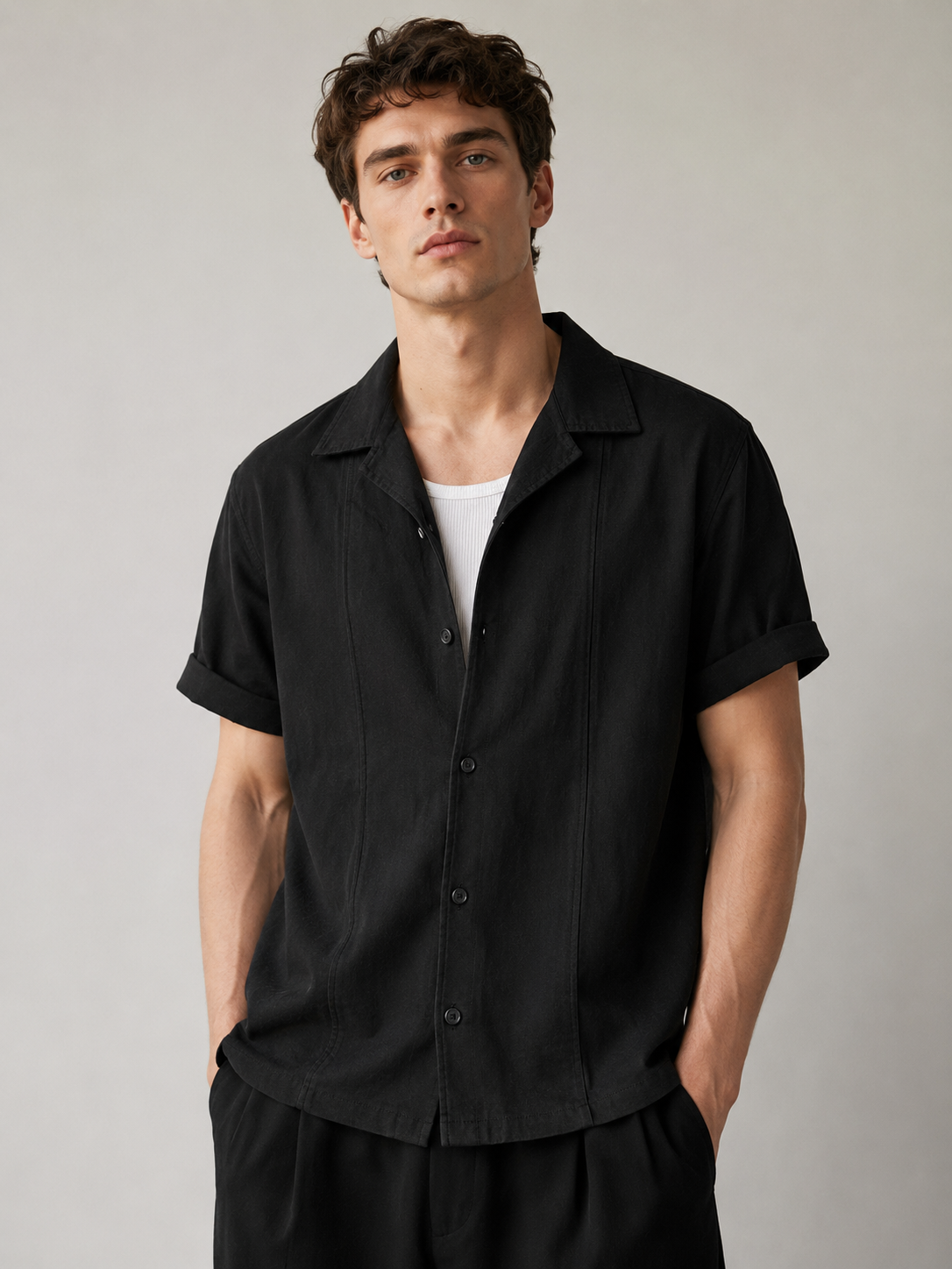 Black textured Atelier short-sleeve shirt on male model
