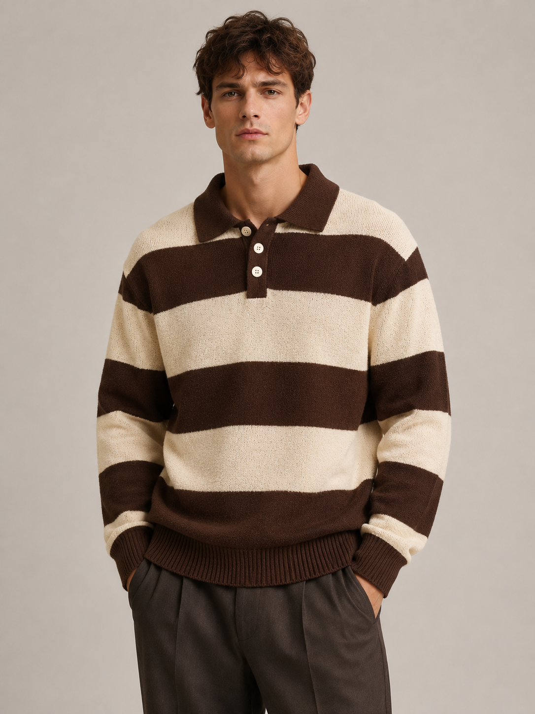 Male model wearing a brown contrast-collar striped knit polo sweater, front view in a professional studio