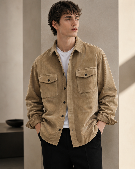 Male model wearing tan corduroy workwear shirt coat