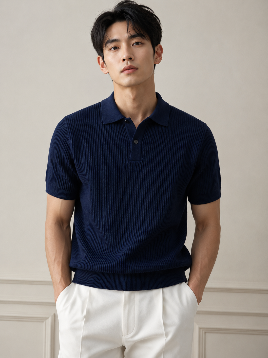 Korean male model wearing the Navy Fallon Cool-Touch Knit Polo