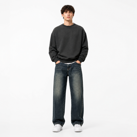 Fleece-Lined Retro Straight Jeans on model front view white background