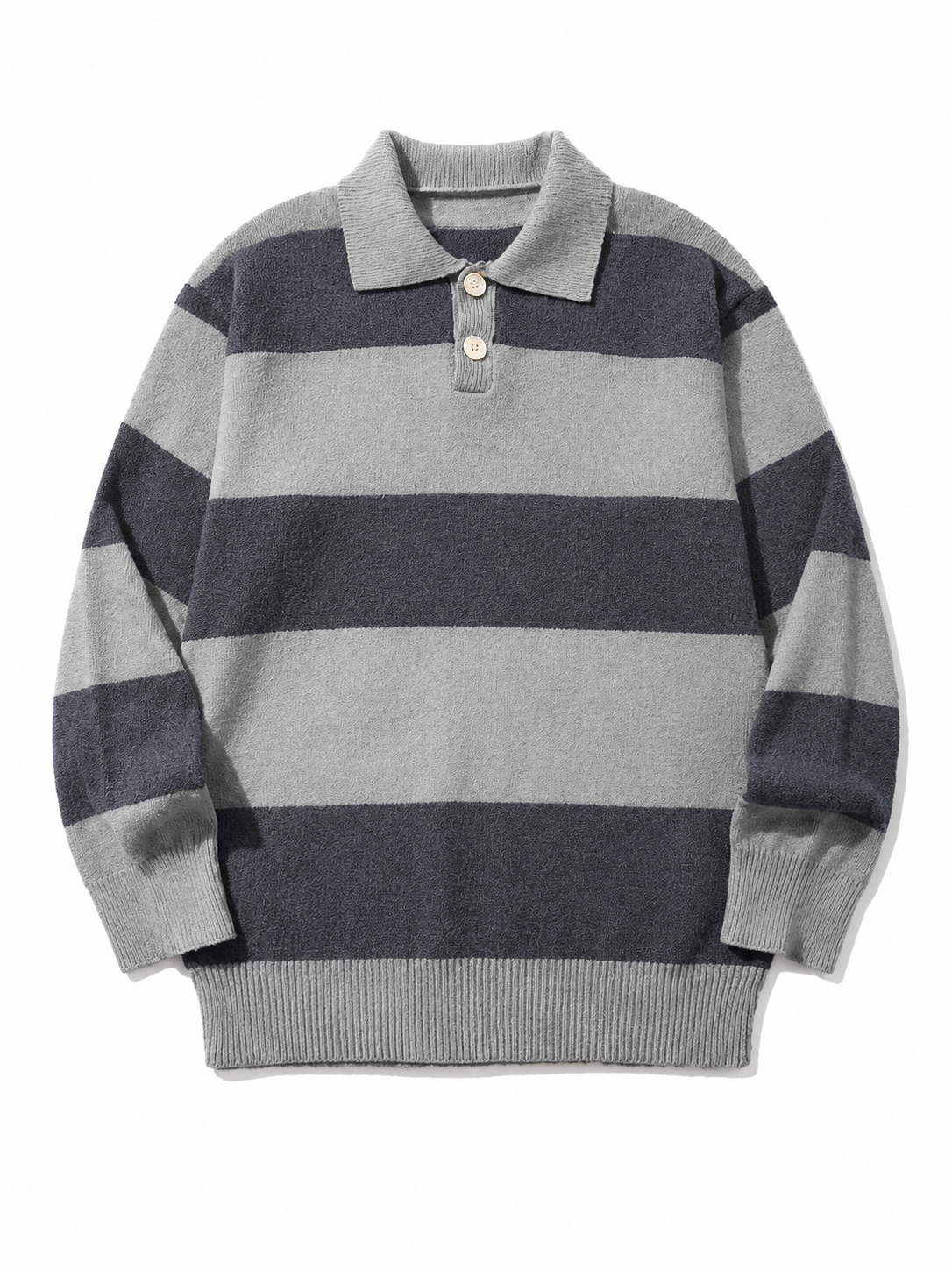 Gray contrast-collar striped knit polo sweater on a white background