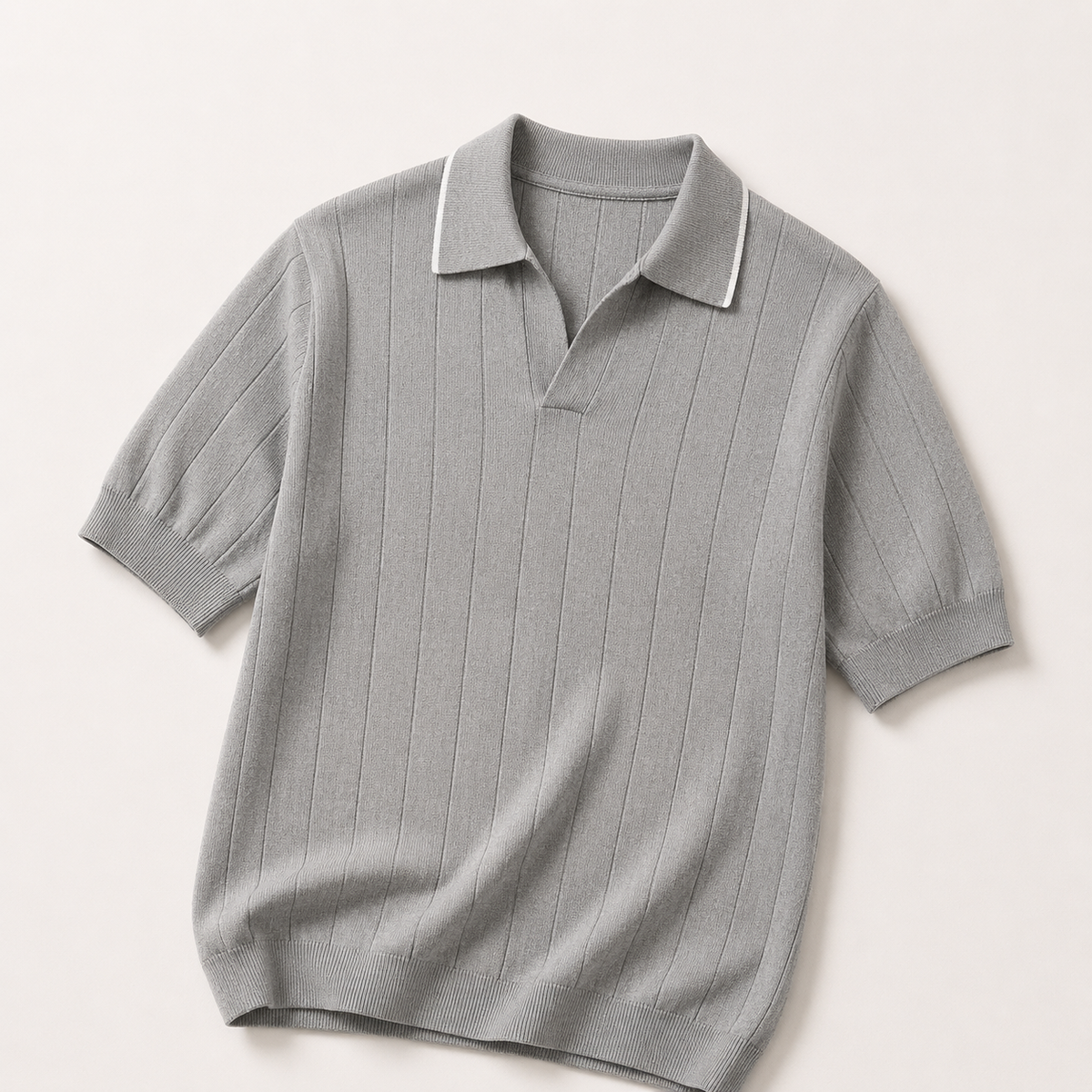 Grey knit polo shirt, flat lay