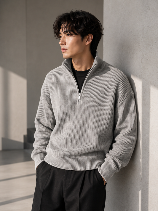 Male model wearing gray half-zip ribbed sweater front view