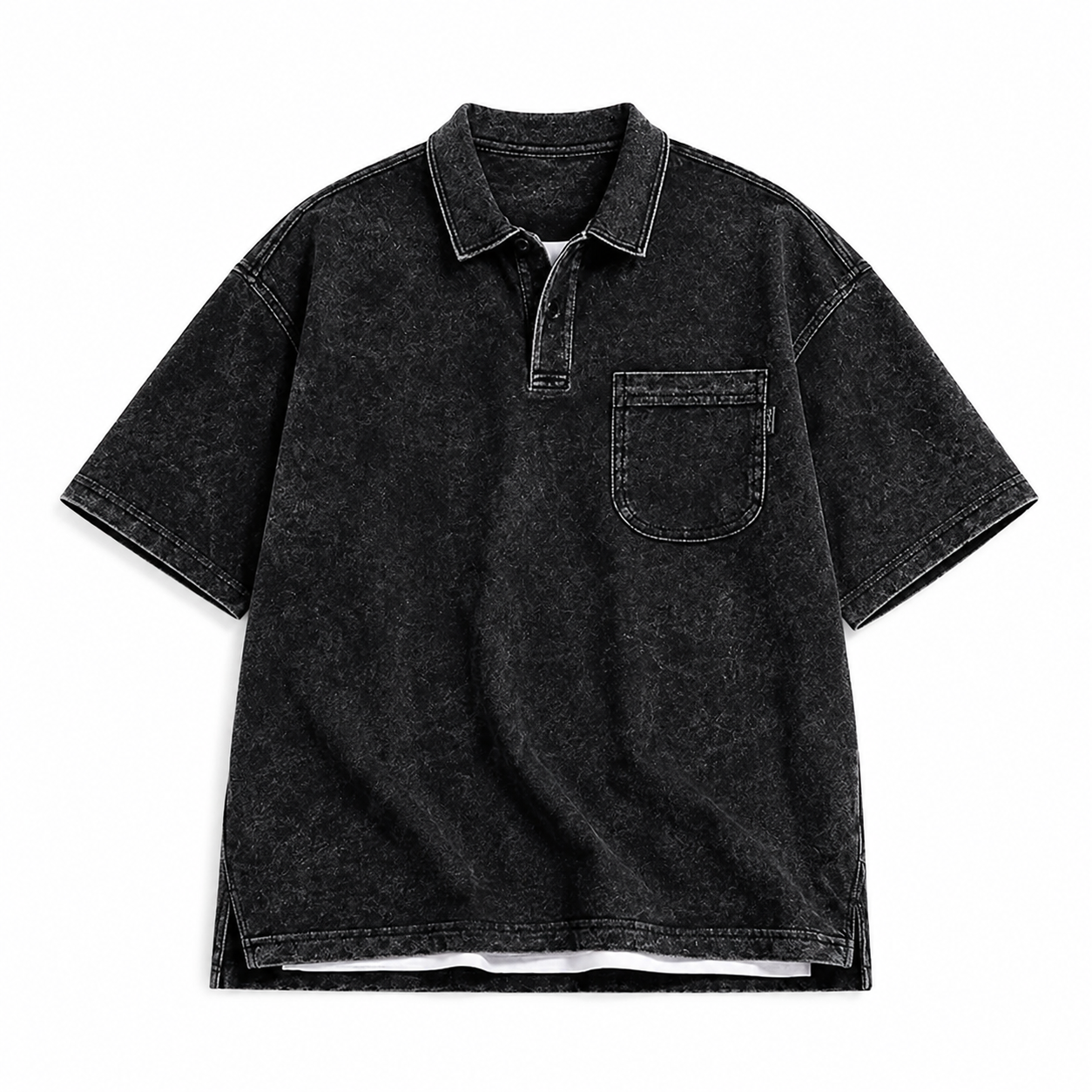Black heavyweight retro short-sleeve polo on white studio background, alternate view