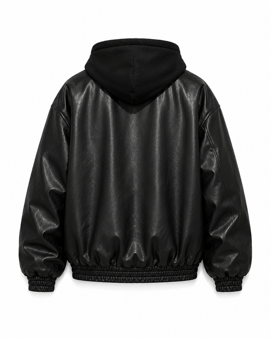 Hooded Faux-Leather Puffer Jacket back view on white background