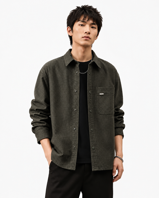 Male model wearing olive Japanese textured waffle shirt jacket, front pose on white background