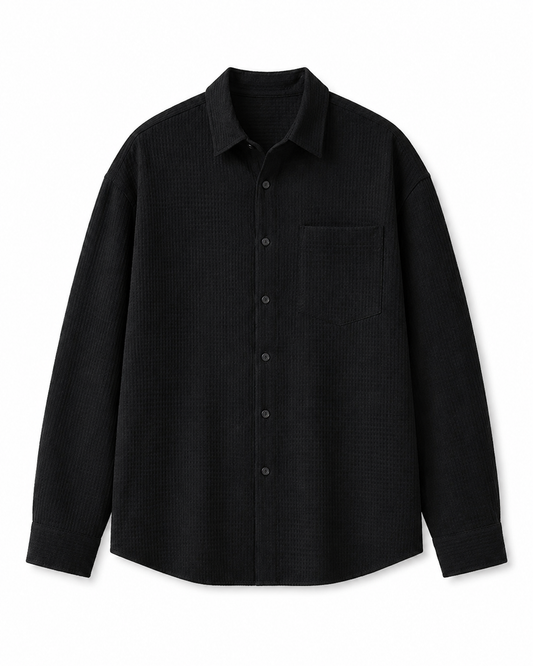 Black linen non-iron long-sleeve shirt on white studio background