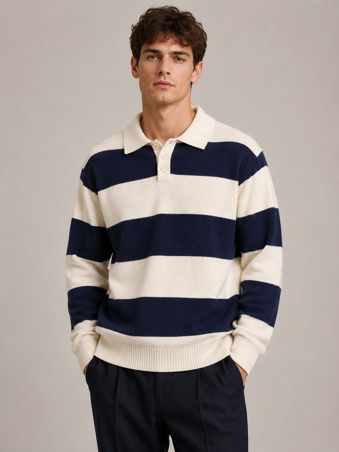 Male model wearing a navy and cream contrast-collar striped knit polo sweater, front view in a professional studio
