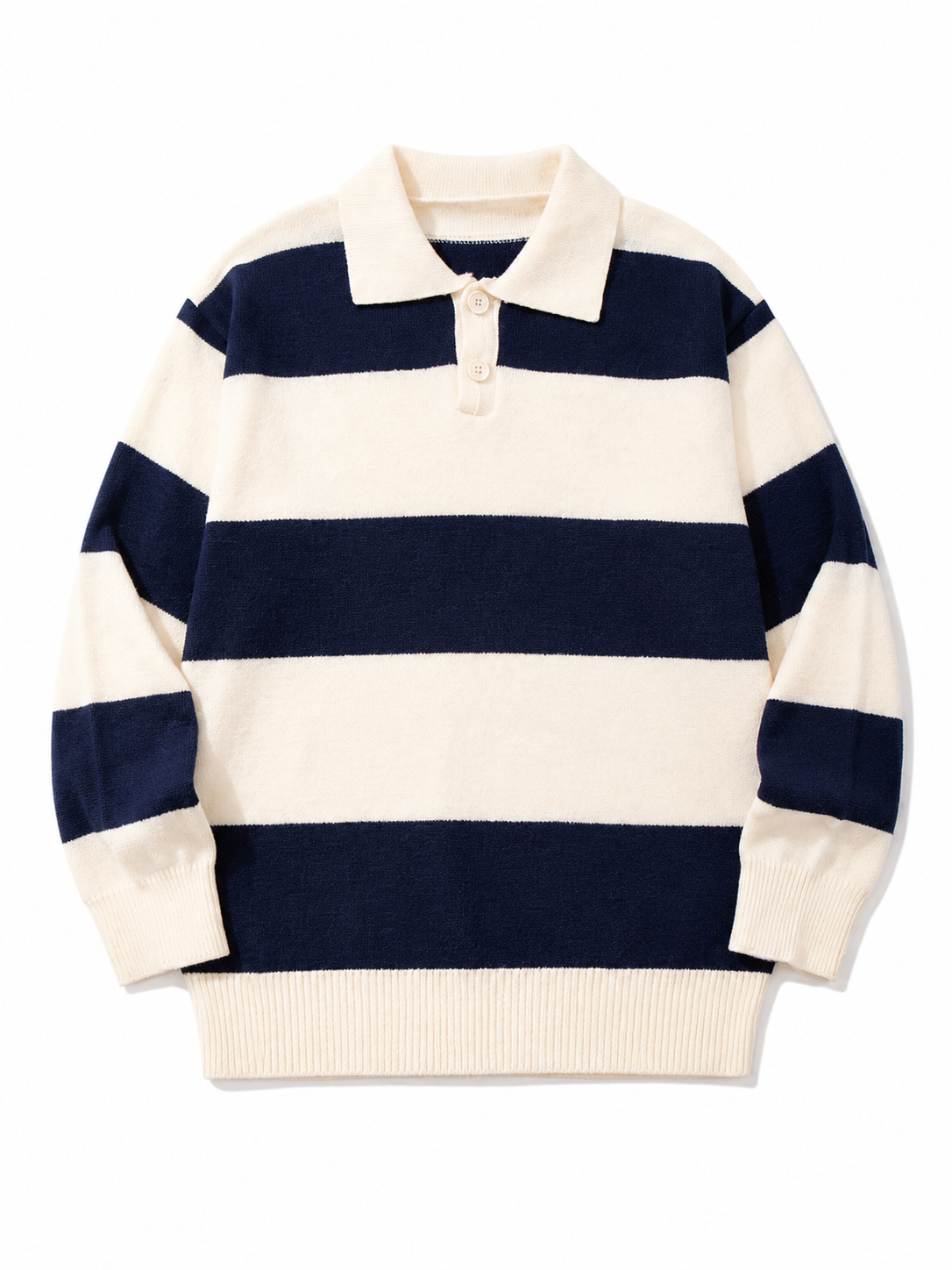 Navy and cream contrast-collar striped knit polo sweater on a white background