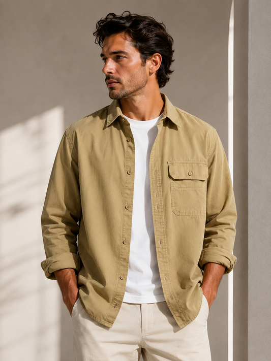 Relaxed Solid-Color Long-Sleeve Shirt khaki color on model