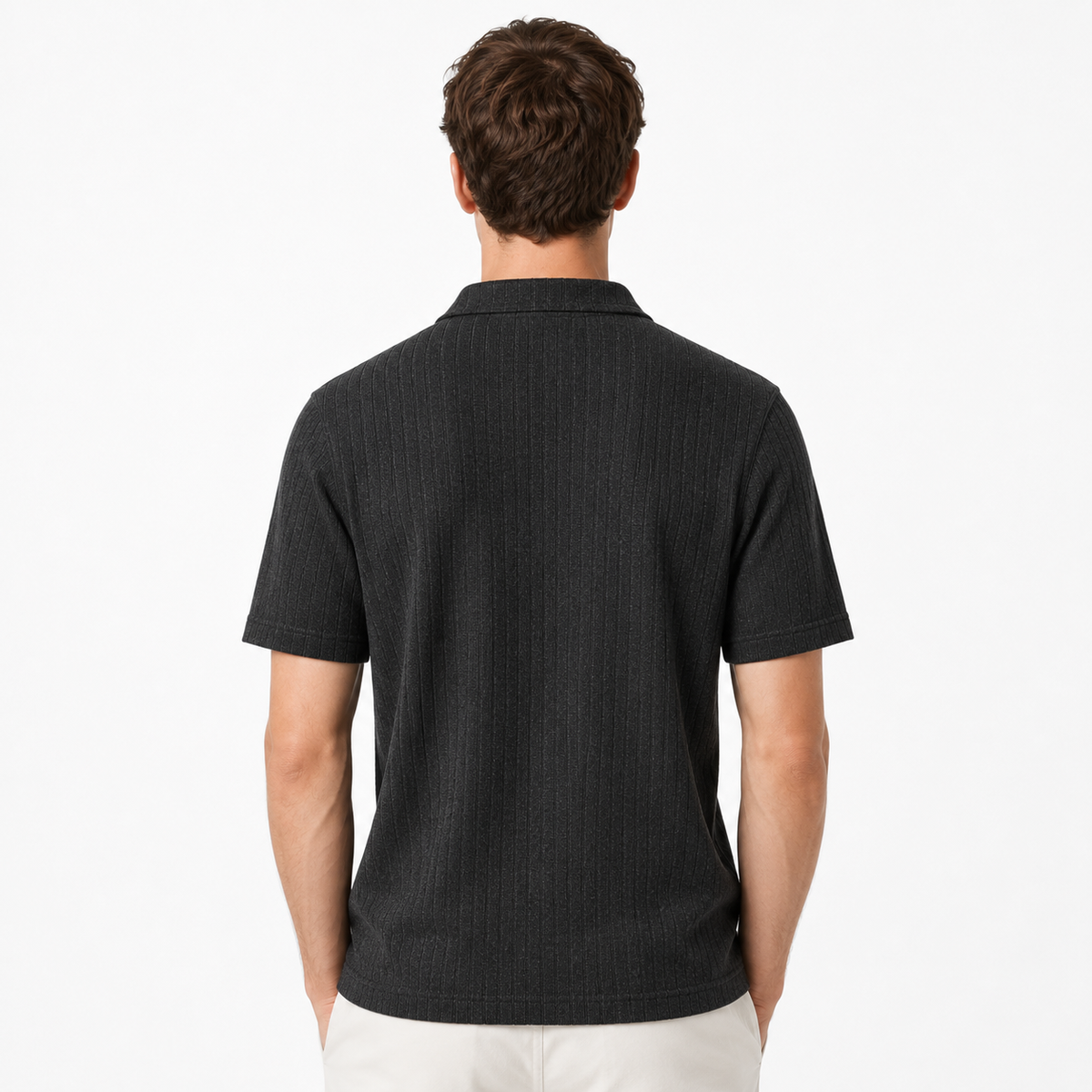 Black and Gray Savanna Striped Polo styled on a male model, back view