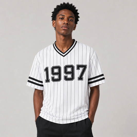 White pinstripe 1997 V-neck T-shirt on Black male model, front view