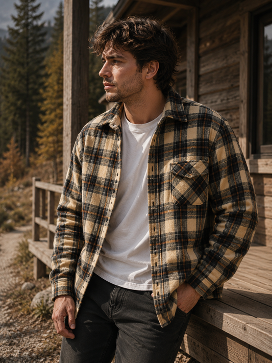 Vintage plaid fleece-lined shirt jacket tan plaid lifestyle image at cabin