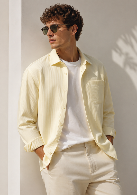 Male model wearing cream waffle-texture long-sleeve overshirt