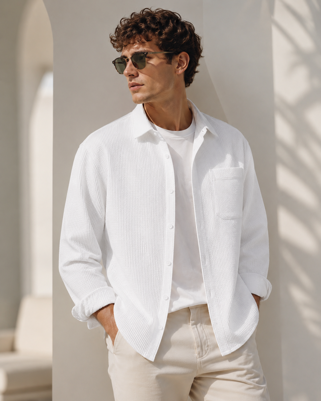 Male model wearing white waffle-texture long-sleeve overshirt