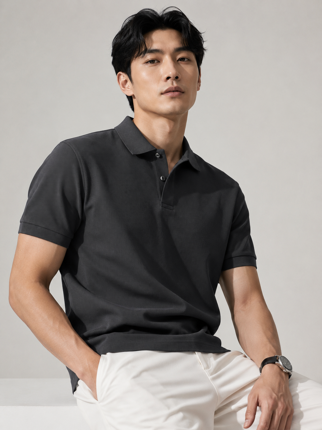 Anchor Heavyweight Polo charcoal on model