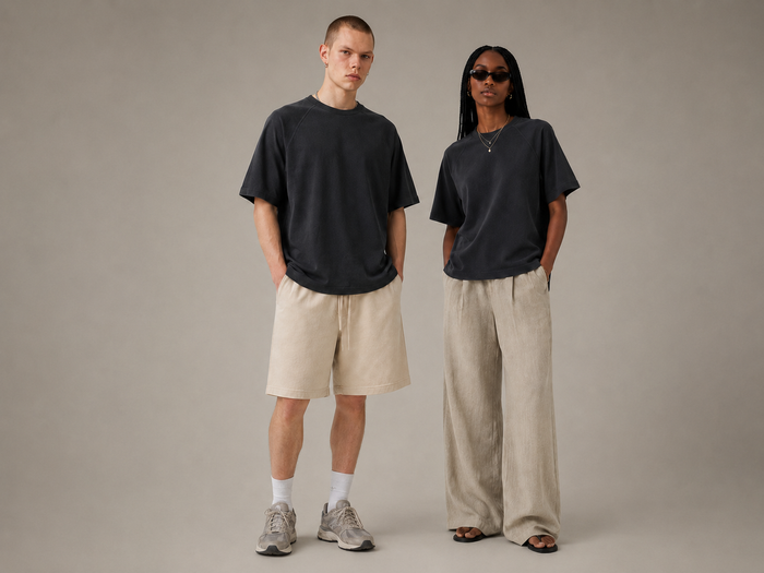Two fashion models wearing dark gray oversized tees in a warm greige studio