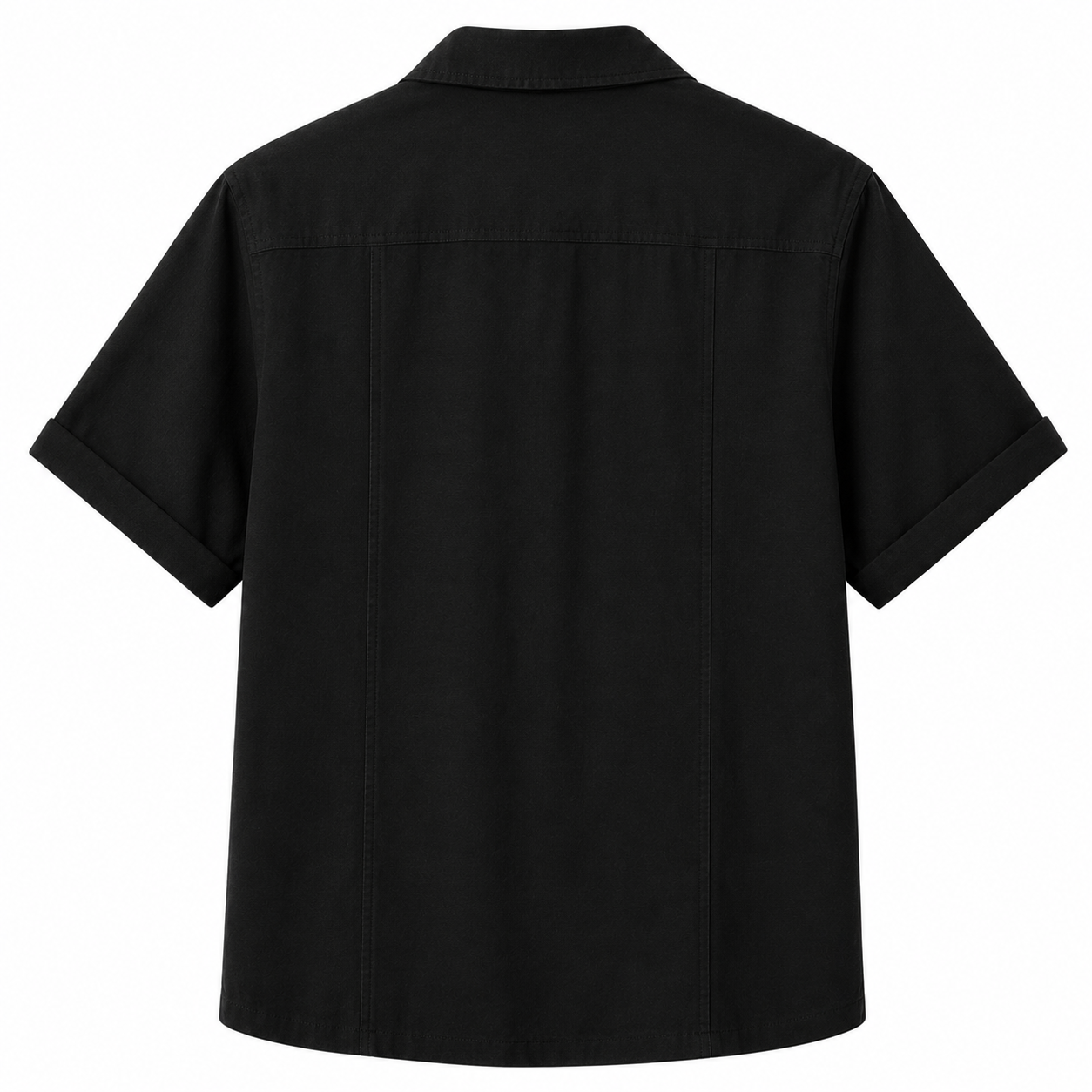 Black textured Artisan Stitch short-sleeve shirt, back view on white background