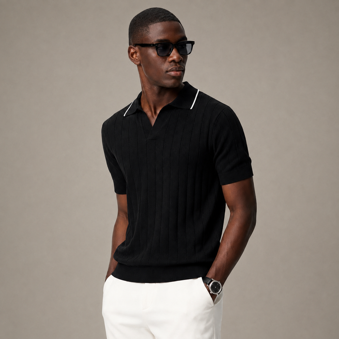 Ashford black knit polo on model