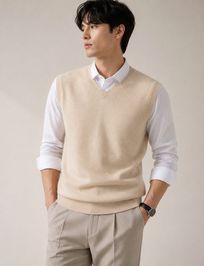 Ashton beige sweater vest on model