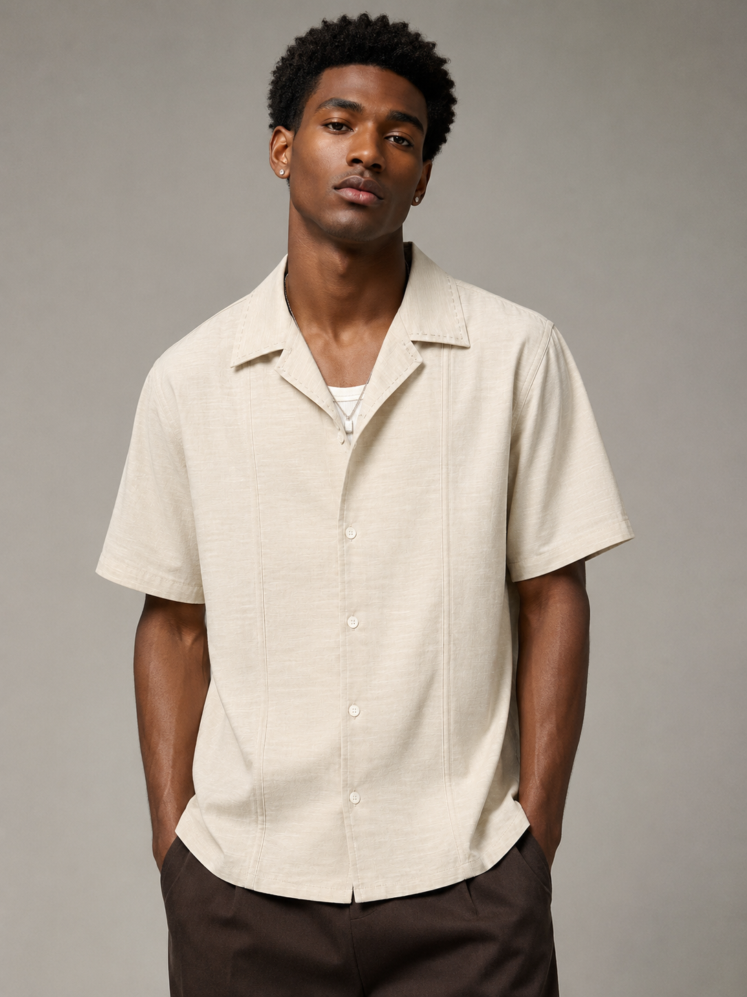 Apricot textured Atelier short-sleeve shirt on male model