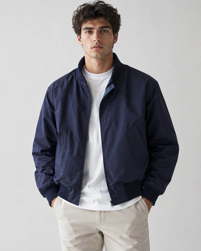 Male model wearing navy Aviator cropped bomber jacket