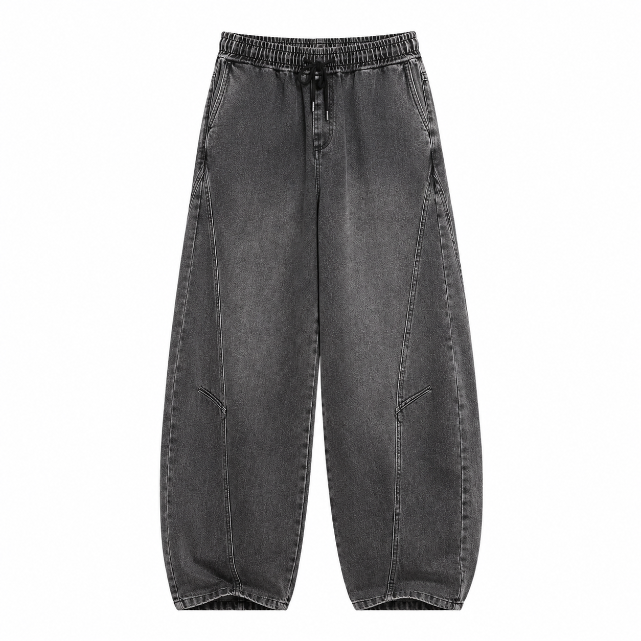 Charcoal washed denim Axis Utility Trousers, front view on white background