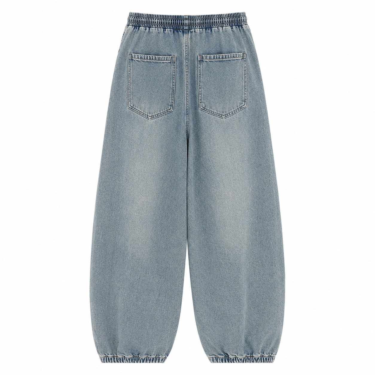 Retro blue washed denim Axis Utility Trousers, back view on white background