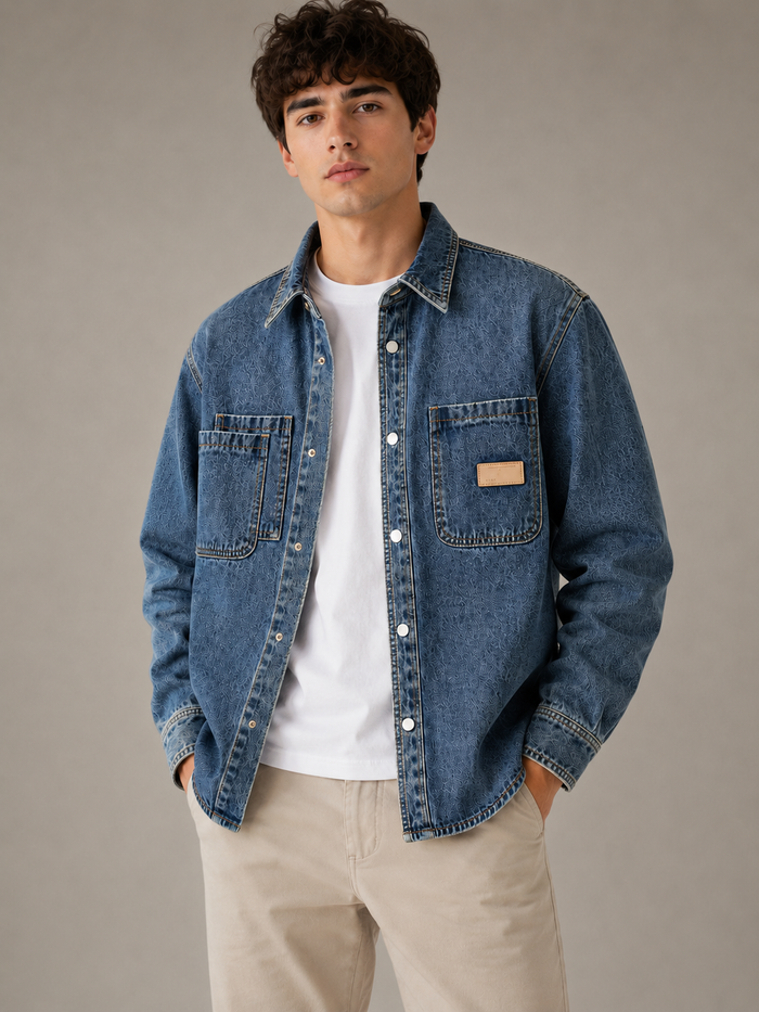 Male model wearing Beckett Denim Shirt Jacket