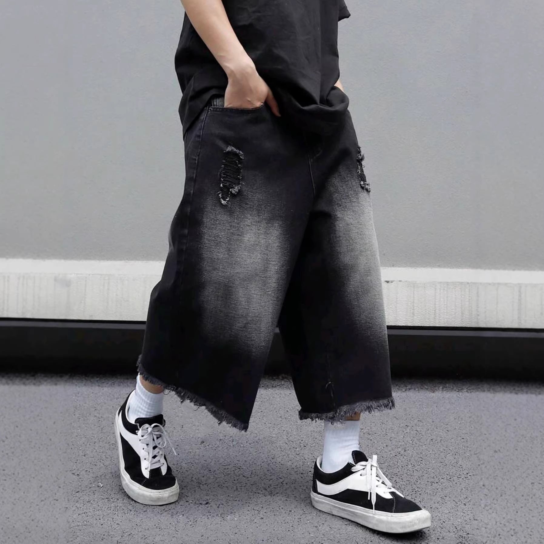 Black Fade Distressed Jeans, product photo