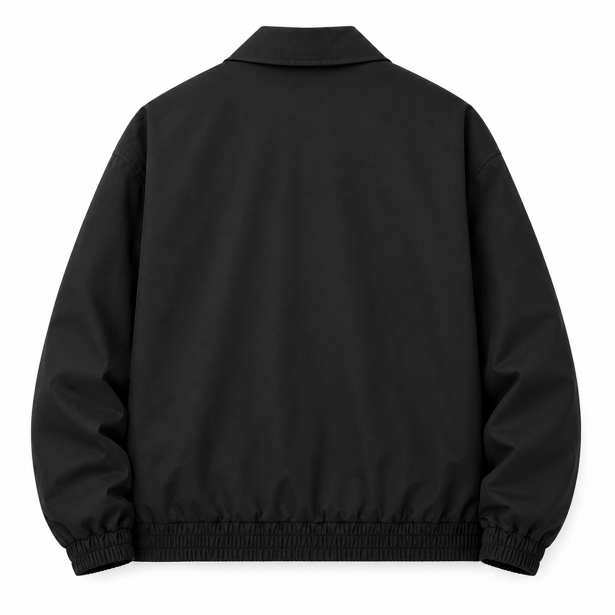 Men's black lapel zip jacket, back view on white background
