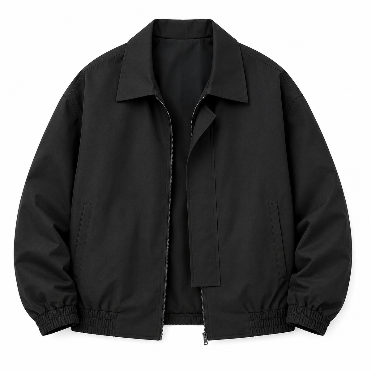 Men's black lapel zip jacket, front view on white background
