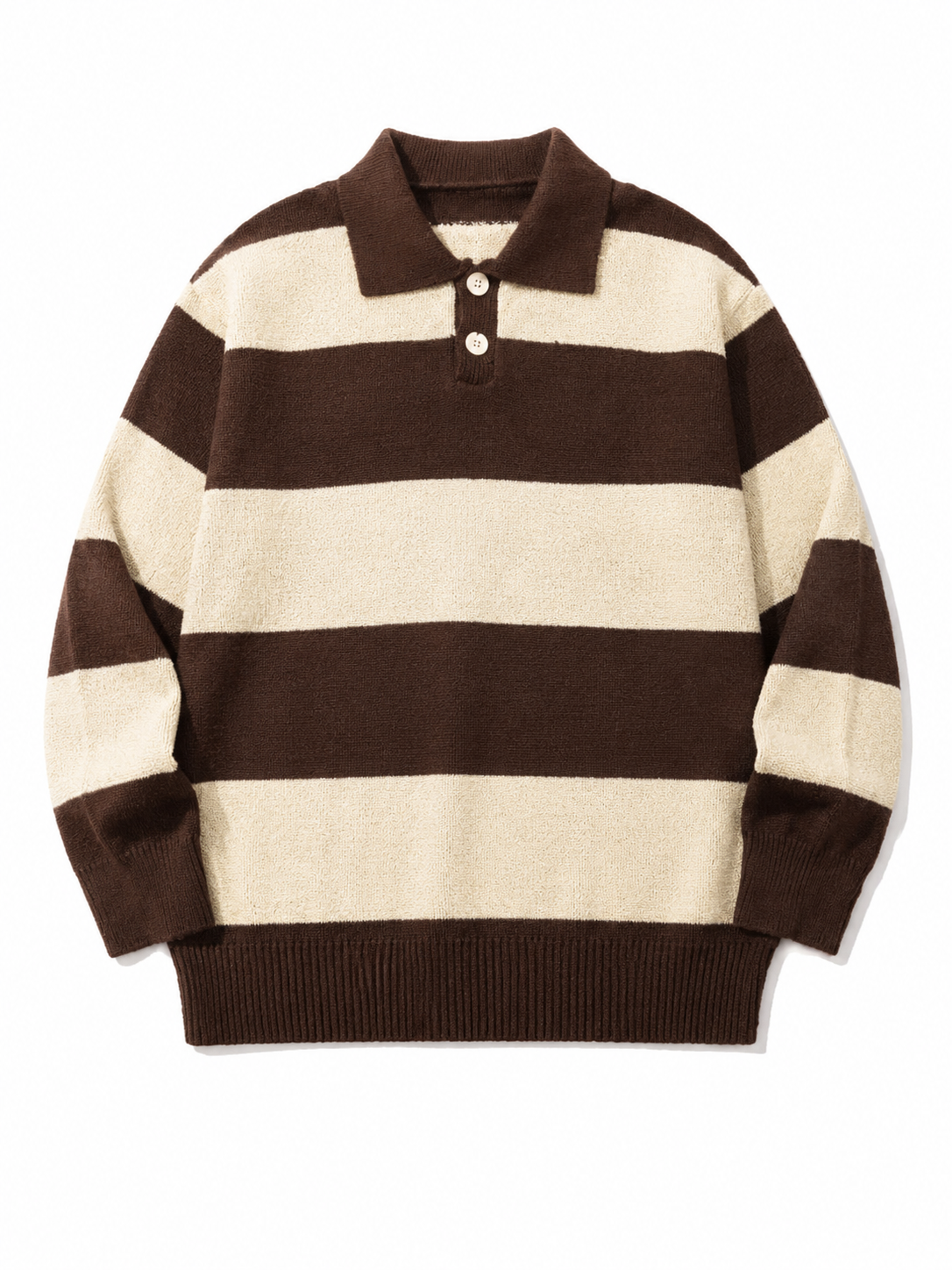Brown contrast-collar striped knit polo sweater on a white background