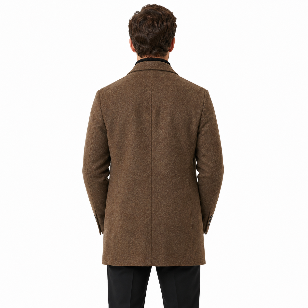 Brown men's winter loose-fit coat worn by a model, back view on white background