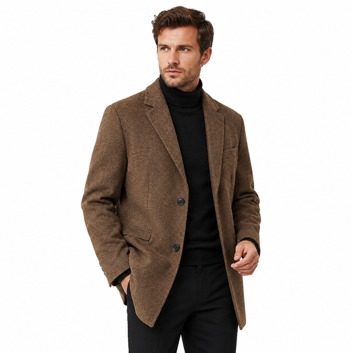 Brown men's winter loose-fit coat worn by a model, front view on white background
