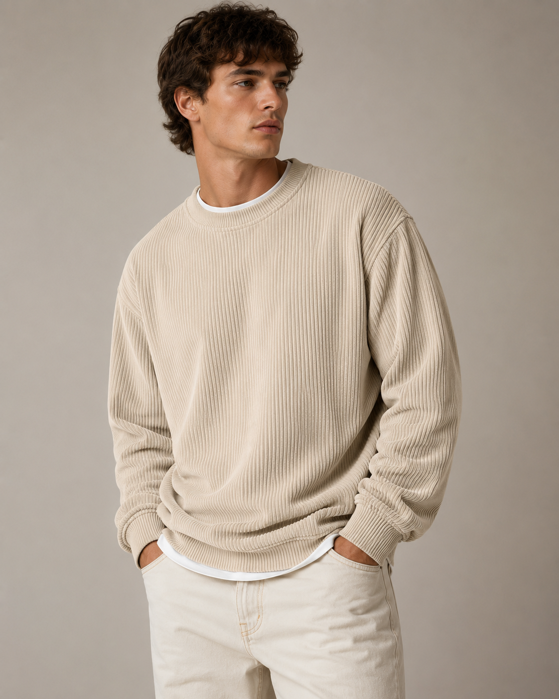 Beige Cascade Corduroy Sweatshirt styled on a male model, front view