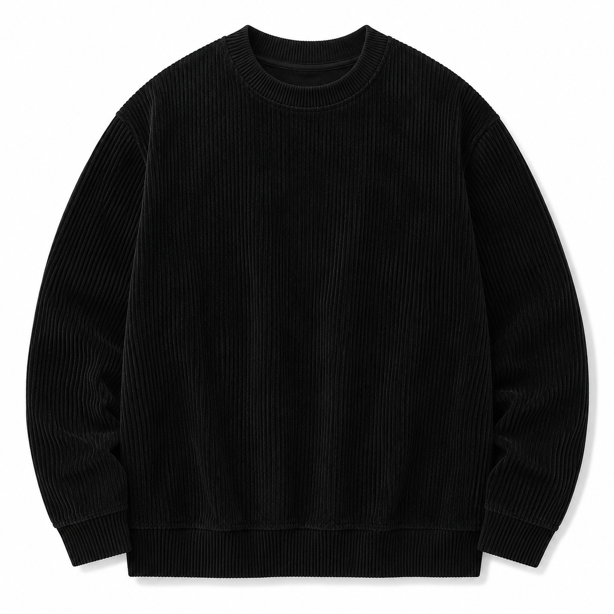 Black Cascade Corduroy Sweatshirt, front view on white background