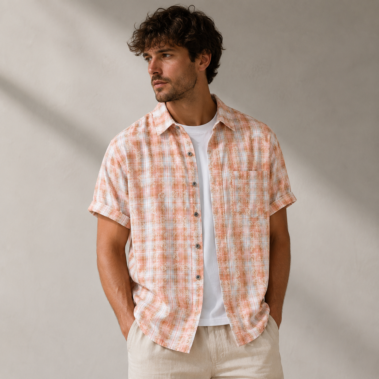 Pink Checkmate Plaid Shirt styled on a male model, front view