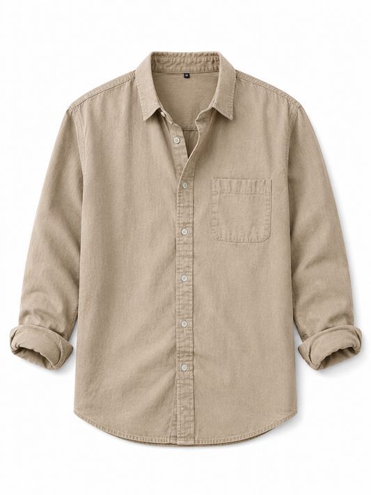 Classic Long-Sleeve Lapel Shirt khaki product image on white background