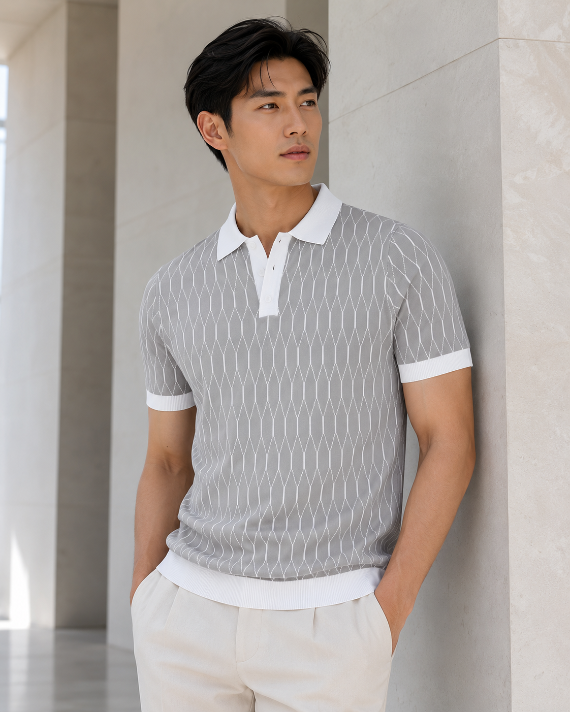 Asian model wearing the Contrast-Plaid Polo Shirt