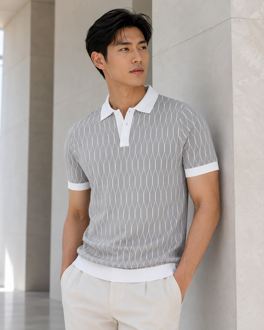 Asian model wearing the Contrast-Plaid Polo Shirt