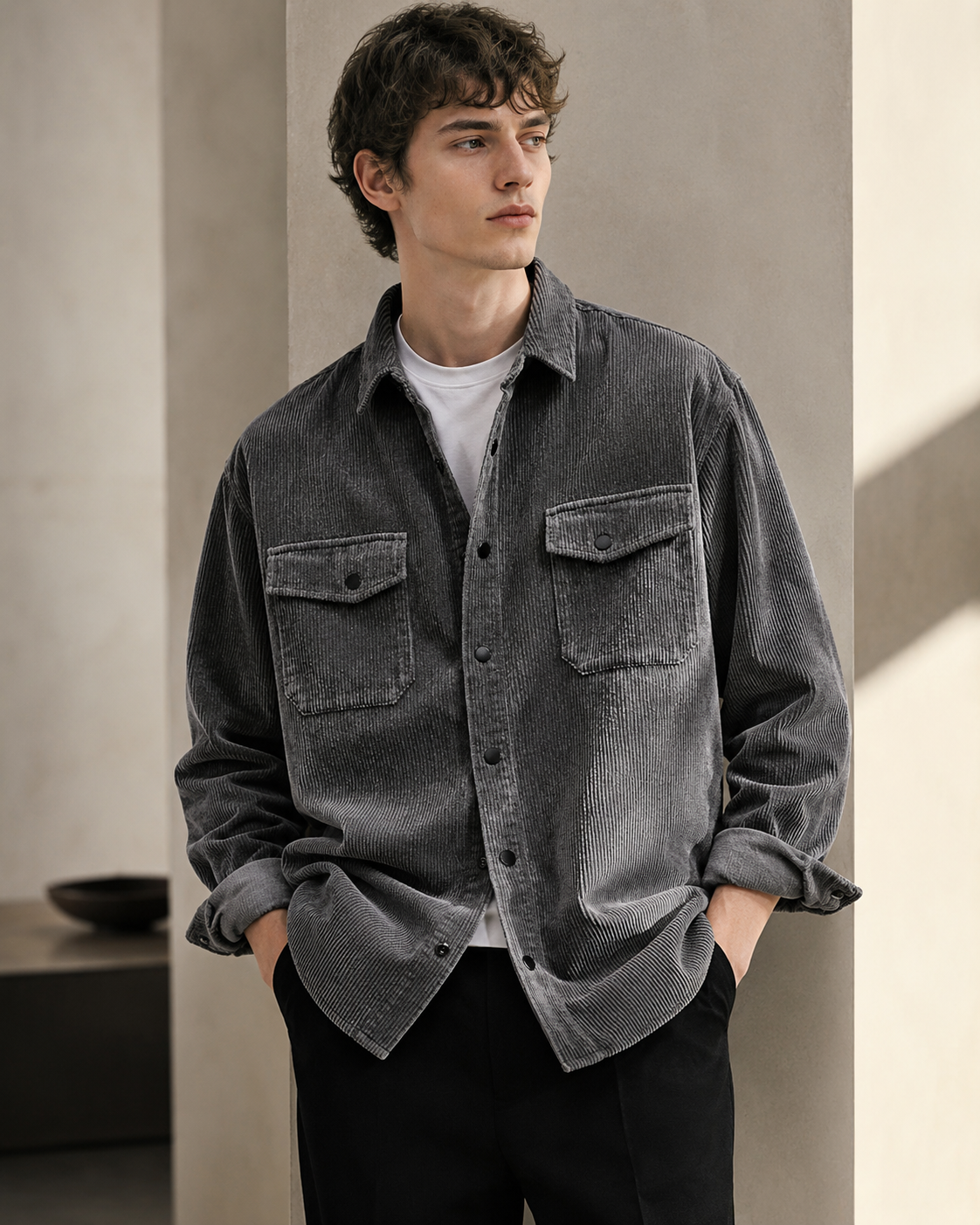 Male model wearing grey corduroy workwear shirt coat