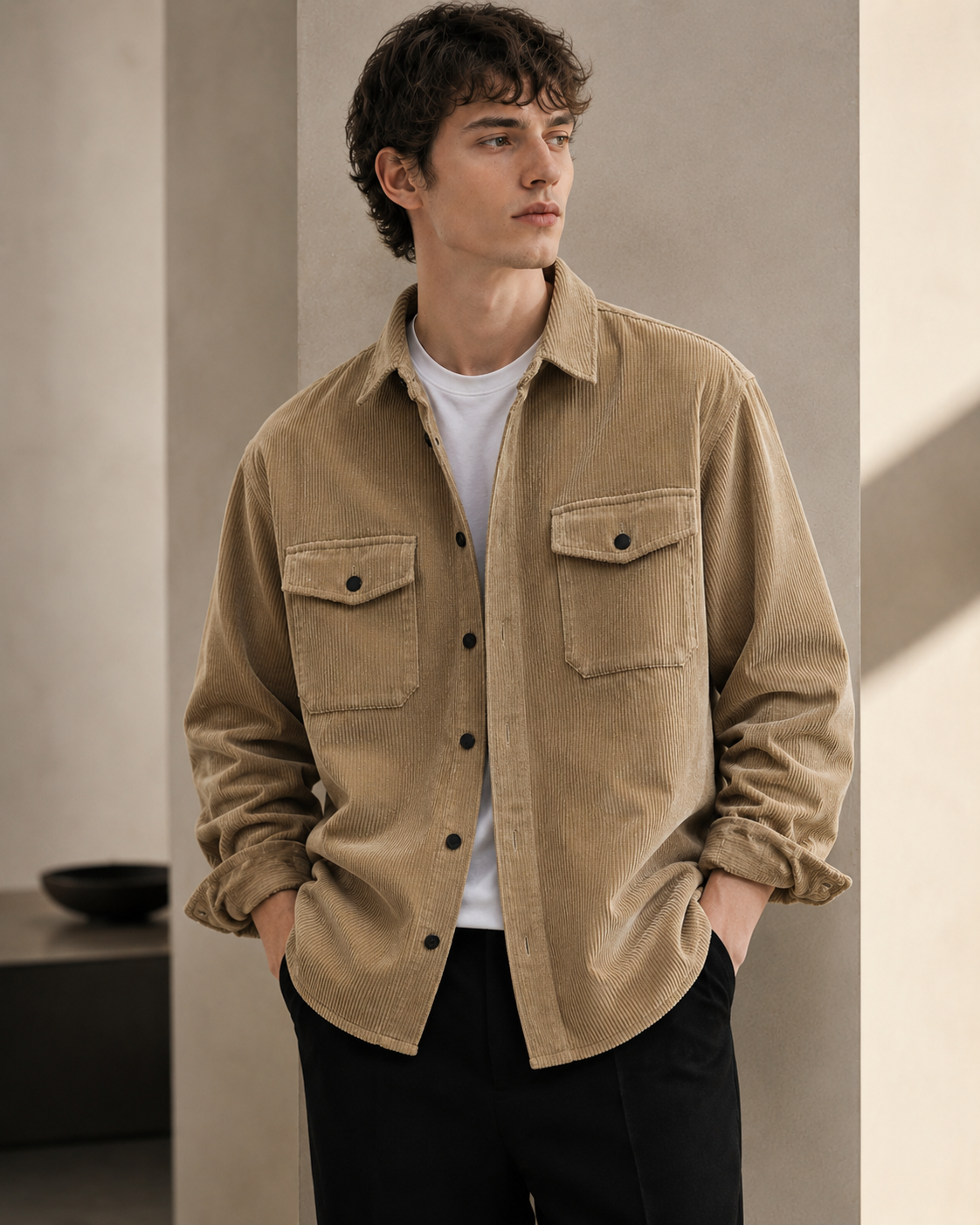 Male model wearing tan corduroy workwear shirt coat