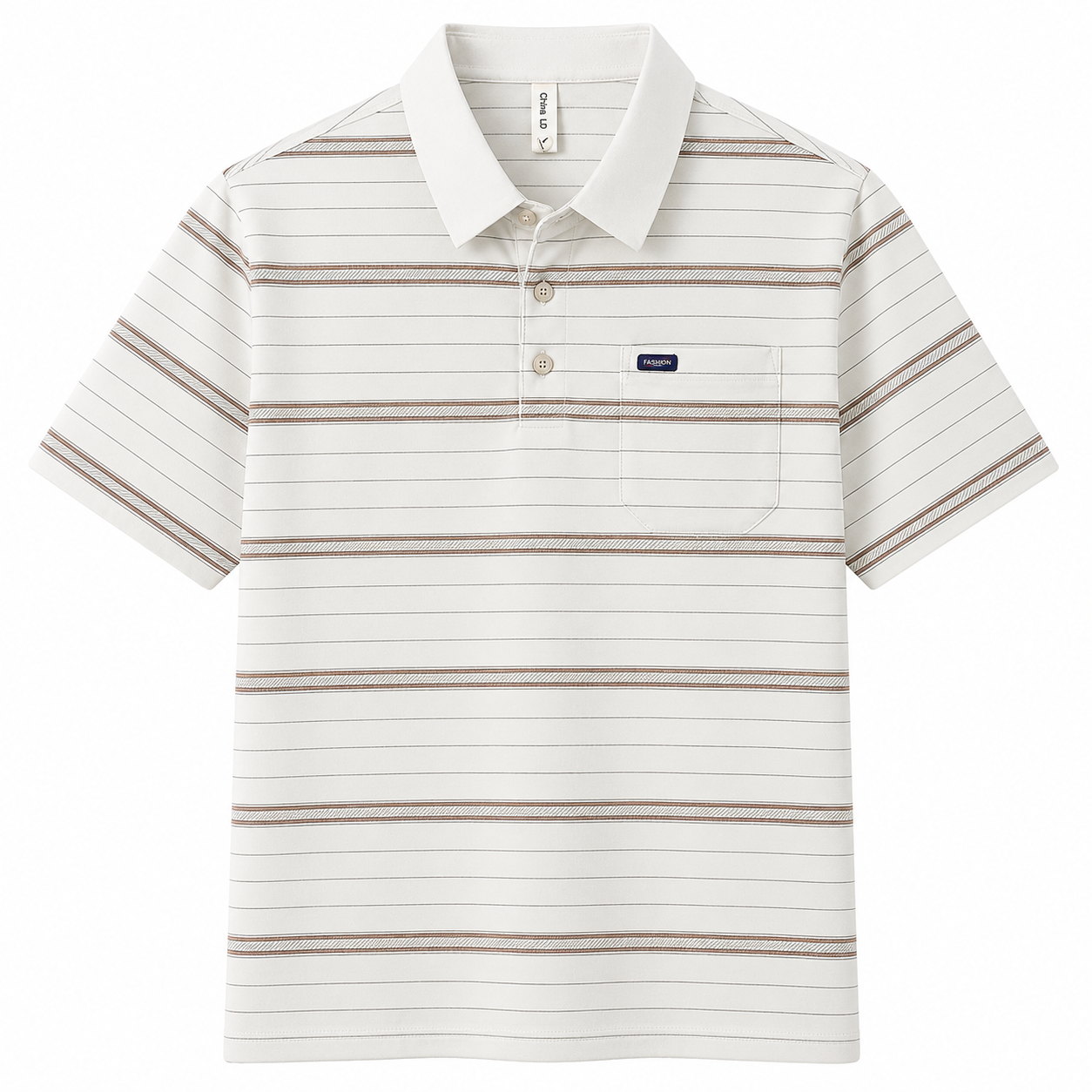 Beige Corsica Striped Polo Tee, front view on white background
