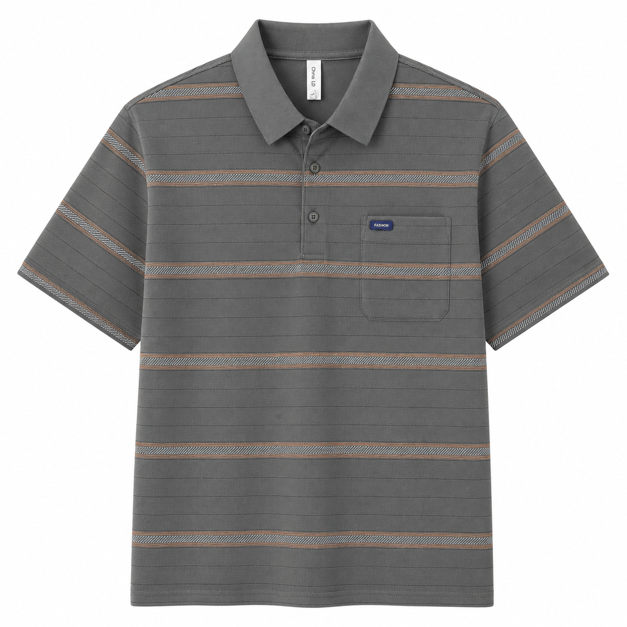 Dark Gray Corsica Striped Polo Tee, front view on white background