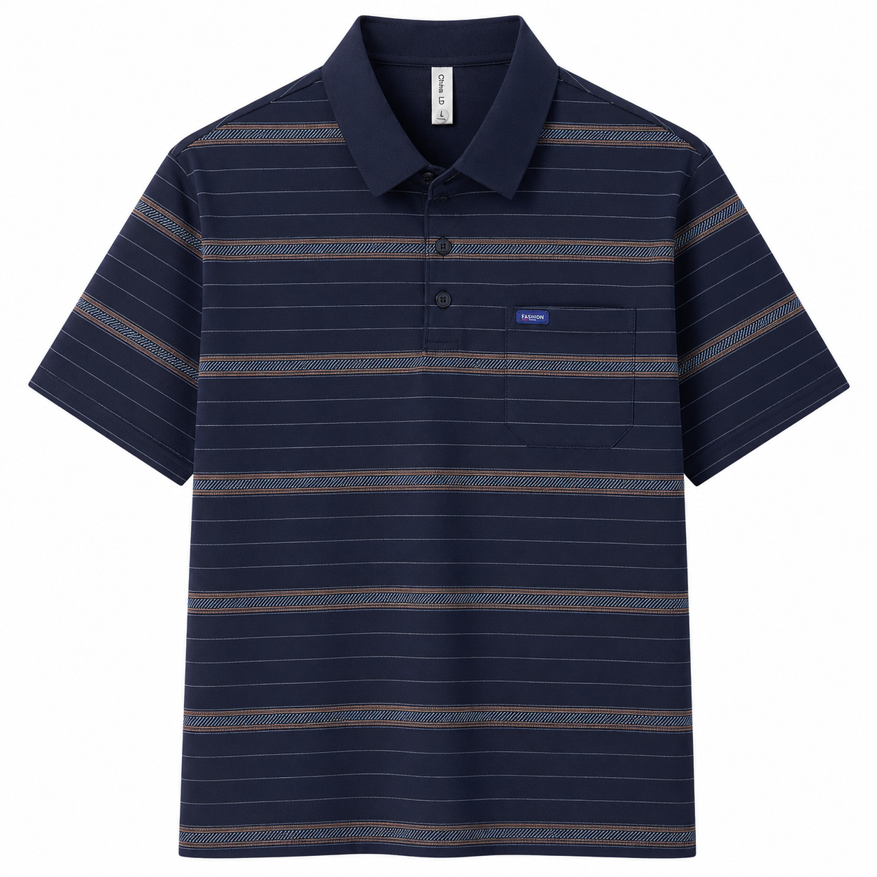 Navy Blue Corsica Striped Polo Tee, front view on white background
