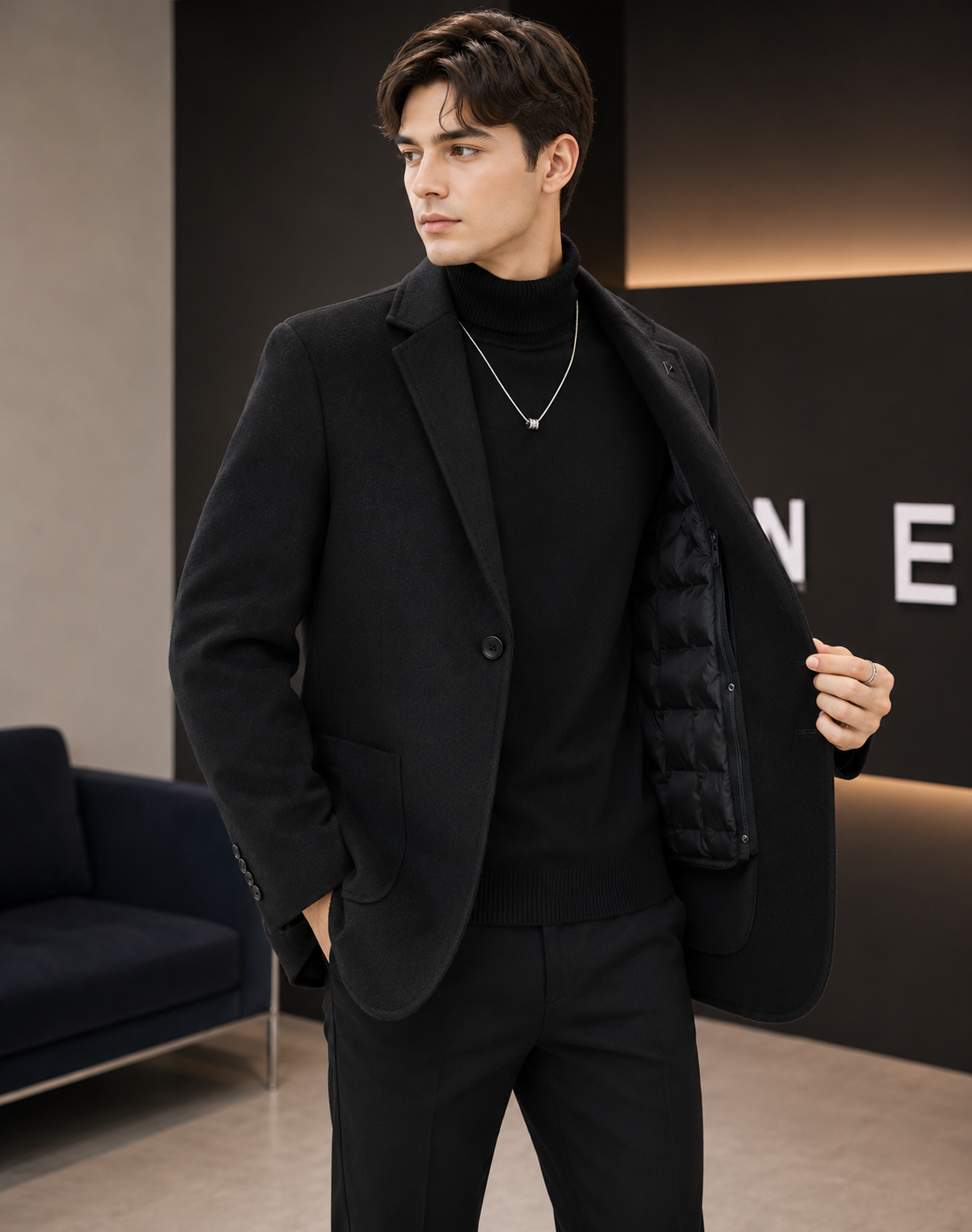 Double-faced wool overcoat with down liner black lifestyle image on model