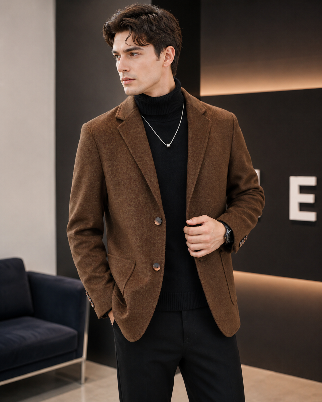 Double-faced wool overcoat with down liner brown lifestyle image on model
