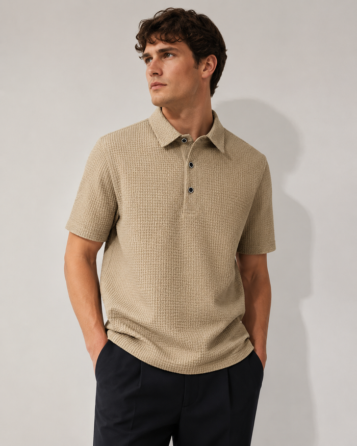 Khaki Drape Luxe Tee styled on a male model, front view
